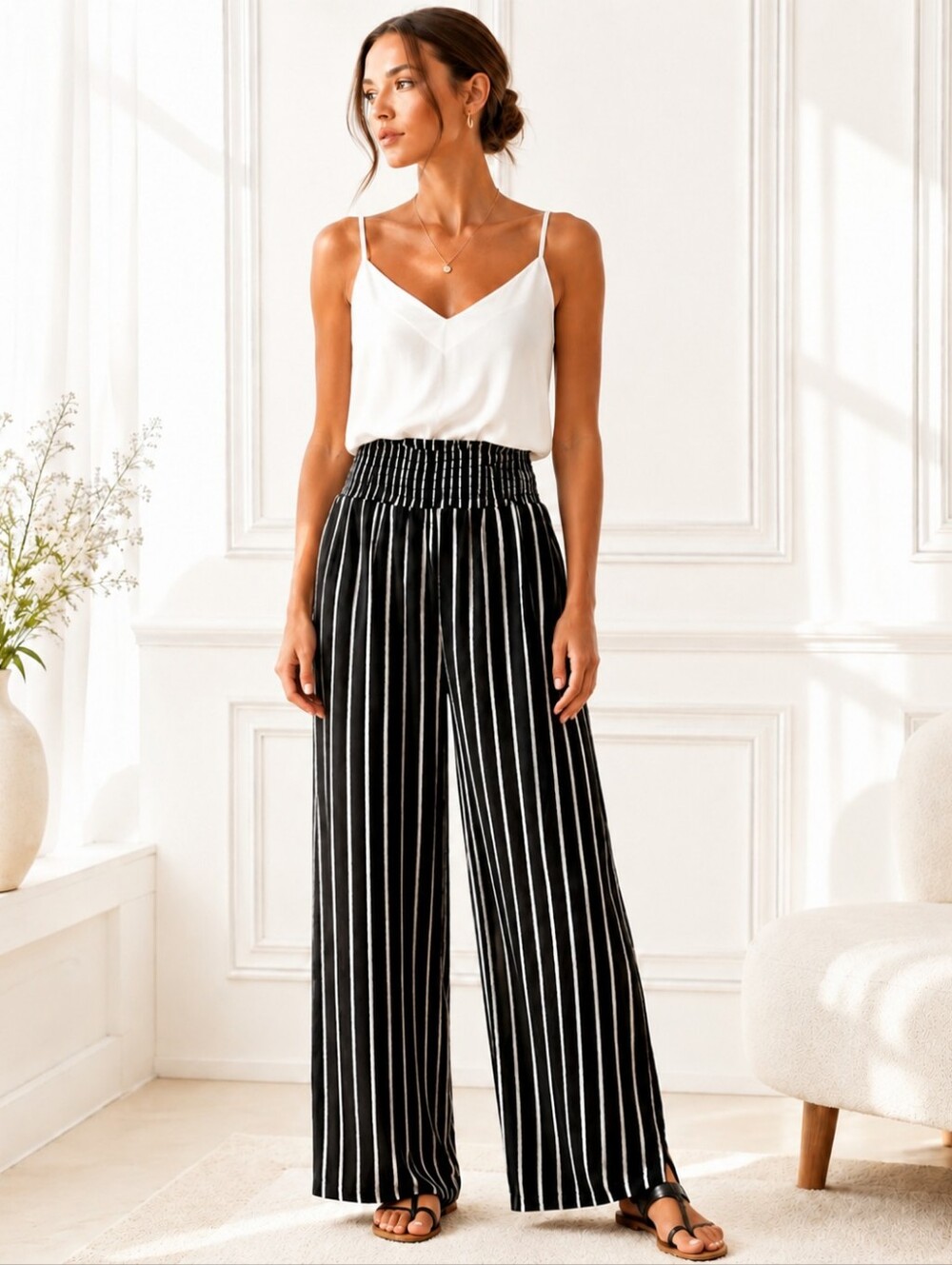 NWT One 5 One Black White Stripe Wide Leg Smocked Waist Pants Size XL
